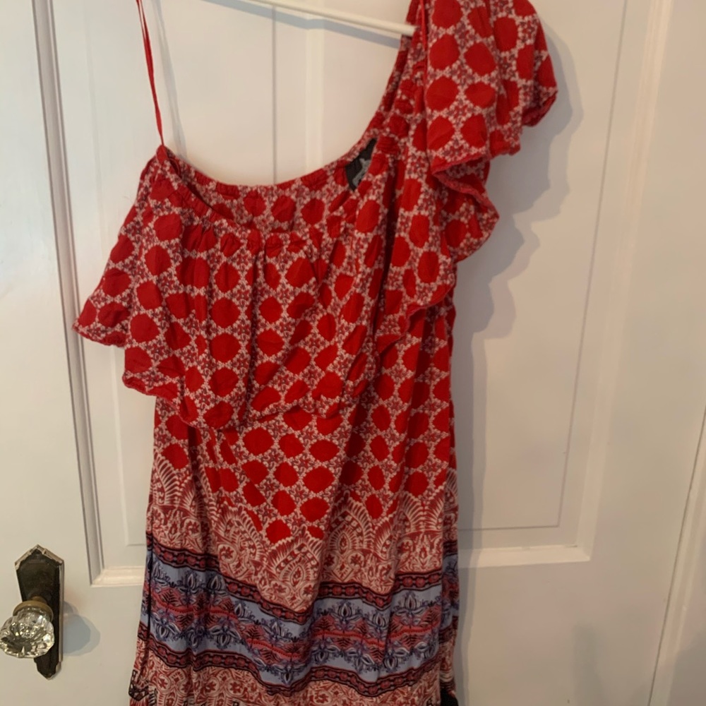 One shoulder red white and blue patterned dress